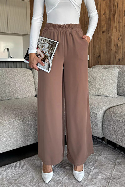GÜLSELİ Biscuit Women's Wide Leg Elastic Waist Fabric Pants