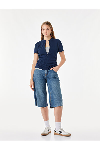 Koton Crew Neck Short Sleeve Layered T-Shirt with Drawstring Detail and Zipper