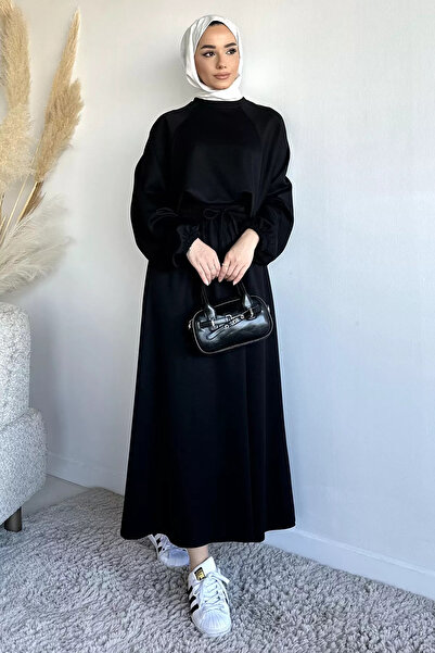 GÜLSELİ Black Crew Neck Blouse with Elastic Waist Skirt and Hijab Two-Piece Set
