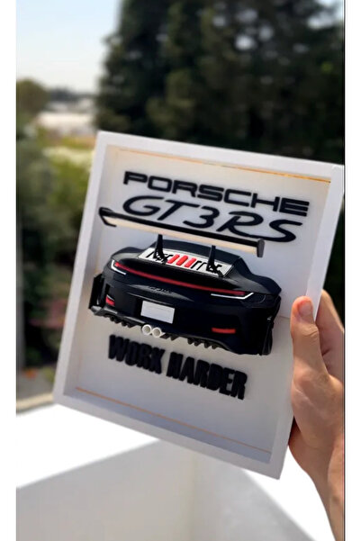 ESFİL Porsche 911 GT3 RS 3D Çerçeveli Duvar Tablosu - "Work Harder" Motivasyo...