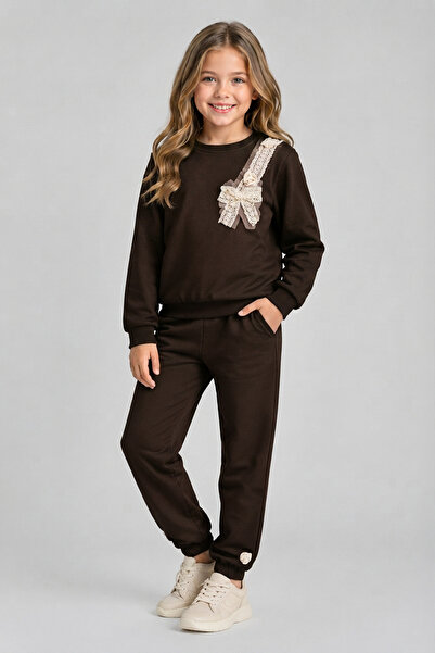 caddekids Girls' Lace Bow 2-Piece Tracksuit Set Sweatshirt and Jogger Sweatpa...