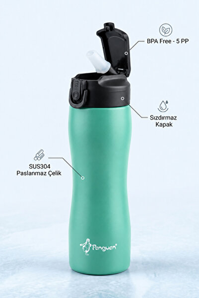 Penguen 750 ml Çelik Su Matarası Sporcu Matarası Çocuk Pipetli Çelik Suluk Sı...
