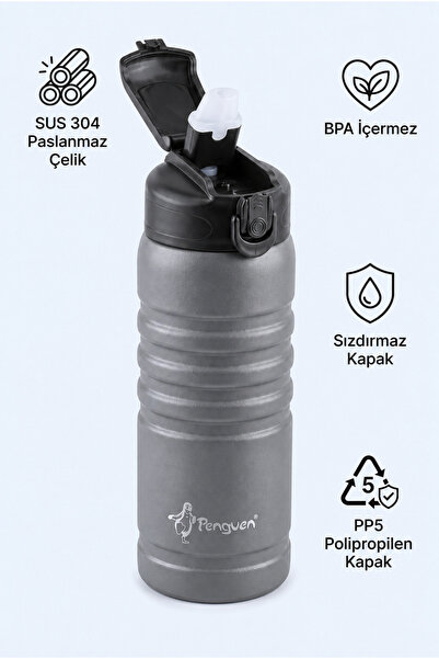 Penguen Çocuk Pipetli Çelik Suluk ve Matara 500 ml Sızdırmaz BPA Free SUS304 ...