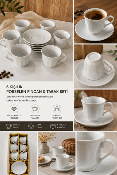 Genel Markalar 6 Kişilik Beyaz Porselen Kahve Fincan Takımı – Kabartmalı Şık ...