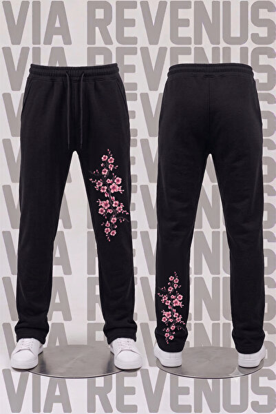 Vordevia Sakura Printed Black Straight-Leg Sweatpants Relaxed Fit Drawstring ...