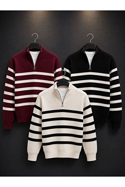 threeoff Men's Half Zipper Striped Knitwear Sweater Stand Collar Long Sleeve ...