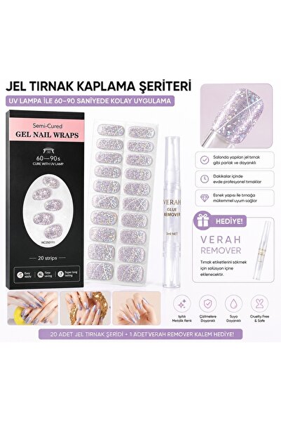 VERAH Gümüş Simli Jel Tırnak Sticker Seti 20 Adet Tırnak Etiketi + Remover Ka...