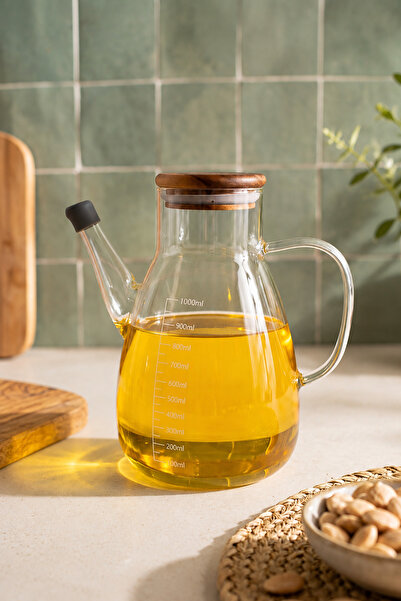 welcomein 1000 ML Siyah Akasya Kapaklı Cam Yağdanlık – Ölçü Çizgili, Kulplu, ...