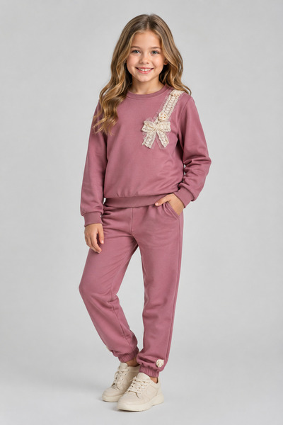caddekids Kız Çocuk Dantel Fiyonklu 2'li Eşofman Takımı Sweatshirt ve Jogger ...