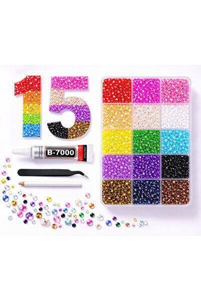 Generic 18,000-Piece Rhinestone Craft Kit – 15 Colors with B-7000 Glue, Tweez...