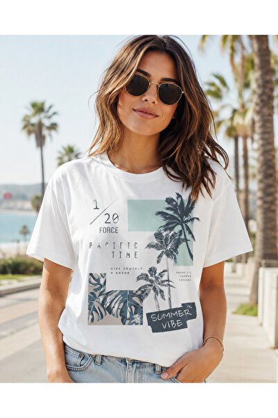 Unisex Pacific Time Summer Vibe Baskılı Regular Fit Beyaz Bisiklet Yaka Tişört