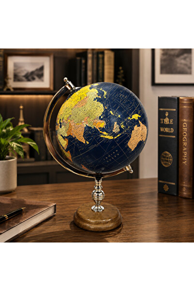 hediyeconcepti Dekoratif Dünya Küresi Ahşap Tabanlı Gold Detaylı Vintage Masaüstü Globe