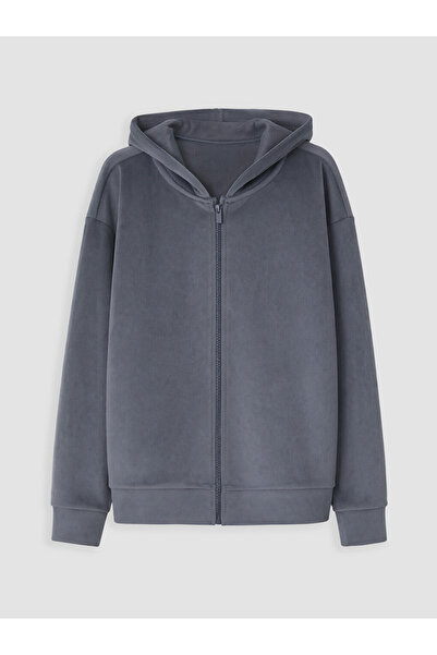 LC Waikiki Vizyon New Season Gray Hooded Girls' Velvet Zippered Sweatshirt