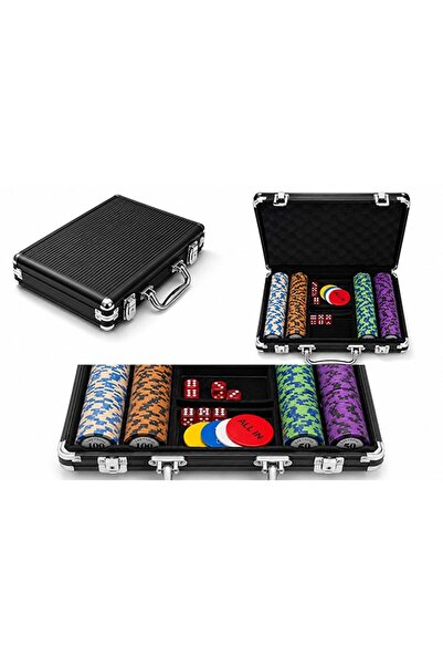 hediyeconcepti Deri Çantalı 200 Chipli Poker Seti 2 Deste İskambil Kağıtlı Zar ve Aksesuarlı Profesyonel Oyun Seti