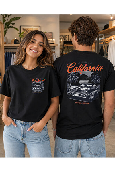 Unisex California Temalı Ön Arka Baskılı Regular Fit Beyaz Bisiklet Yaka Tişört