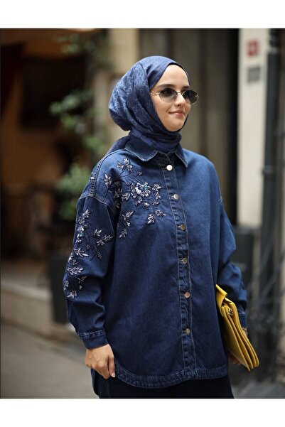 Kadın Tesettür Denim Nakış Detaylı Pantolonlu İkili Takım