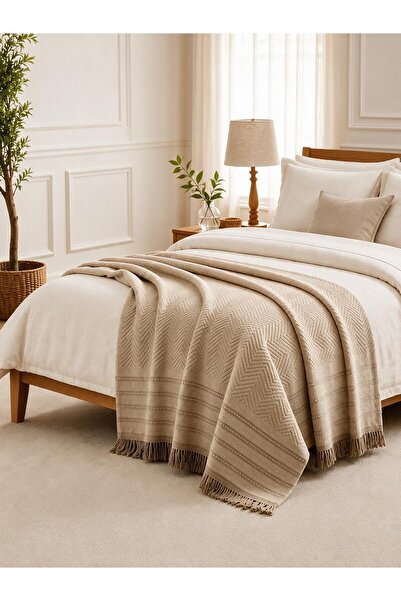 Binna Soft Çift Kişilik Pike 200x240 cm Püsküllü Çok Amaçlı Yatak Örtüsü - Bej