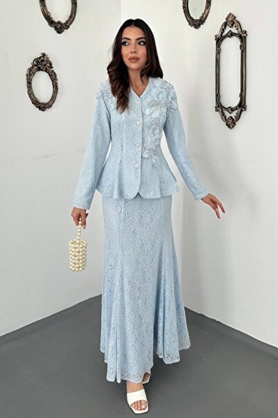 Elbee Fashion Woman Μπλε Κεντημένο στο χέρι Σετ Σακάκι-Φούστα