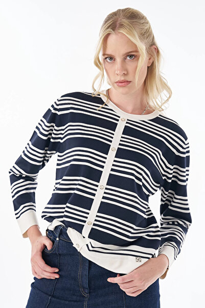 Kayra Stripe Pattern Knitwear Blouse Navy Blue-Optical White