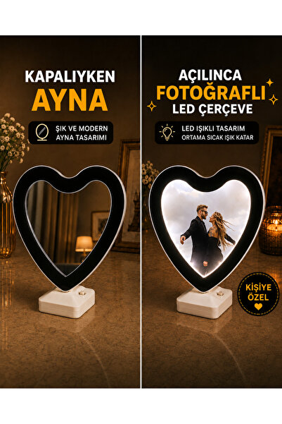 Genel Markalar Kişiye Özel Fotoğraflı Kalp LED Ayna Çerçeve – Pilli ve USB’li...