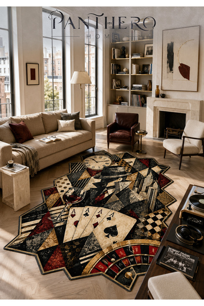 Panthero Home Siyah Bordo Casino ve İskambil Figürlü Lazer Kesim Kaymaz Taban...