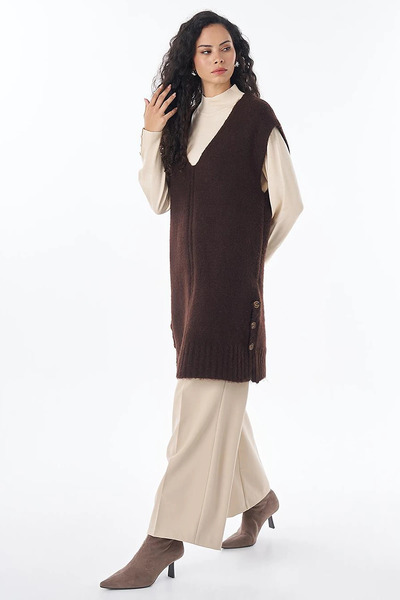 Kayra Button Detailed Knitwear Sweater Dark Brown