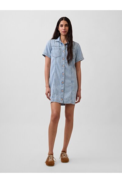 GAP Kadın Açık Mavi UltraSoft Denim Mini Gömlek Elbise