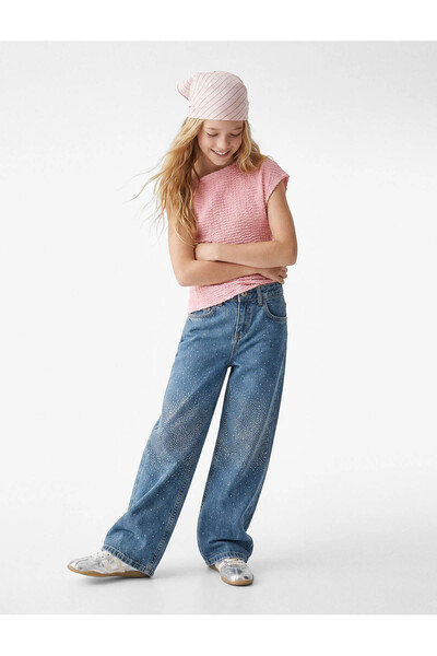 Koton Cotton Wide-Leg Denim Trousers with Shimmering Stone Detail