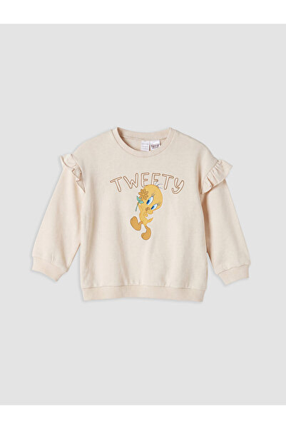 LC Waikiki Peak New Season Beige Crew Neck Printed Baby Girl Sweatshirt