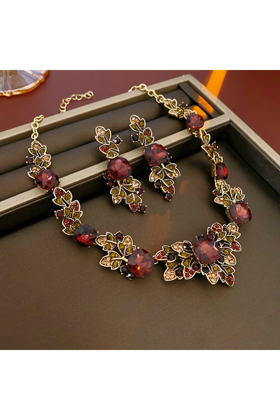 Choice set Retro Brown Crystal Leaf Earrings Choker Nacklace for Women Luxury...