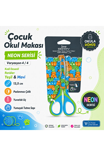 Serve Berry Çocuk Okul Makası 13,5 cm Paslanmaz Çelik Yuvarlak Uç Yumuşak Sap...