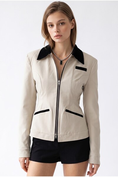 Mixray 2226 Women's Lined Filet Pocket Double Zipper Slim Fit Jacket Stone