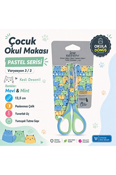 Serve Berry Çocuk Okul Makası 13,5 cm Paslanmaz Çelik Yuvarlak Uç Yumuşak Sap...