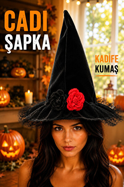 Huzur Party Store Kadife Kumaş Cadı Şapkası Çiçekli Siyah Halloween Cadılar B...