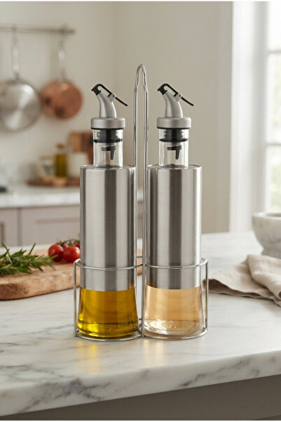 Paslanmaz Kapak ve Gövdeli Cam Yağdanlık & Sirkelik Seti (2 x 300 ml) – Metal Standlı