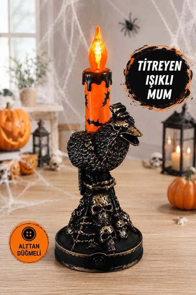 Huzur Party Store Titreyen Işıklı Mum Kuzgun Kuru Kafa Figürlü Halloween Cadı...