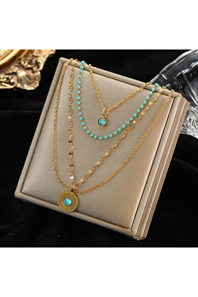Choice N042 EILIECK 316L Stainless Steel Gold Color 4-Layer Chains Blue Stone...