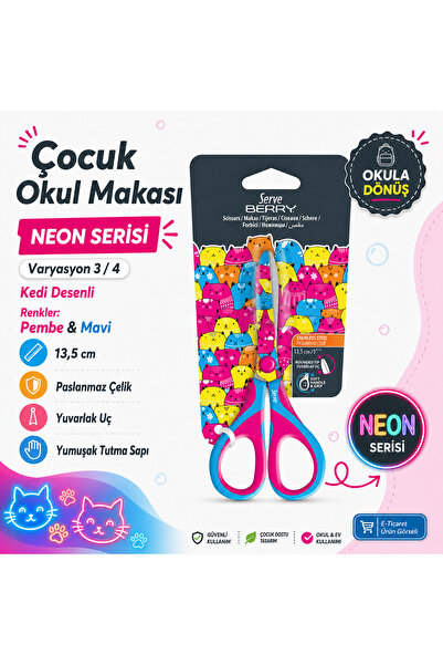 Serve Berry Çocuk Okul Makası 13,5 cm Paslanmaz Çelik Yuvarlak Uç Yumuşak Sap...