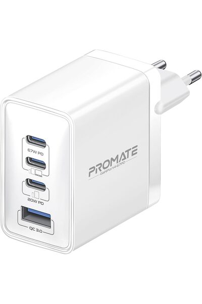 Promate Wall Charger GaNPort4-67PD 67W with 4 Ports (White) PD with 22.5W Qua...