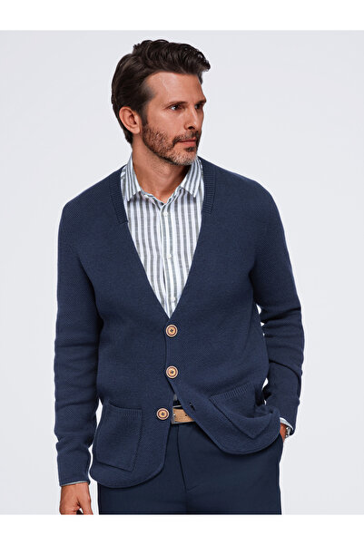 OMBRE Cardigan bărbătesc structurat cu buzunare, albastru marin OM-SWCD-0109