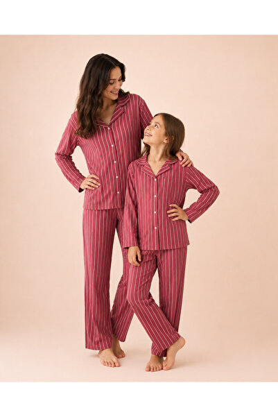zahider Mother-Daughter Matching Cotton Button-Down Long-Sleeved Striped Sued...