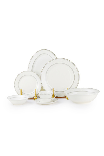 SHALLOW JUNA 32 Pc New Bone China Dinner Set for 6 persons – White Embossed G...