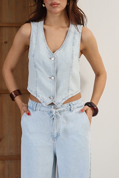 Moda Days Women's Blue Vest Trouser Suit V-Neck Buttoned Lace-Up High Waist W...