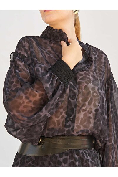 Clothes Fast Women's Black Leopard Print Ruffle Collar Lace Cuff Long Sleeve ...