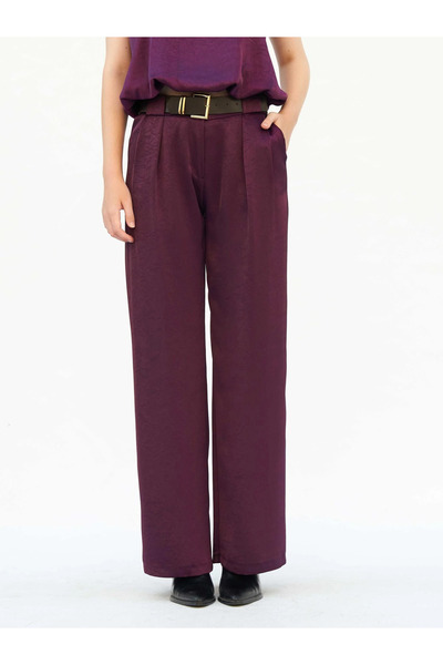 Clothes Fast Pantaloni lungi de damă din satin prună, cu talie înaltă, picior...