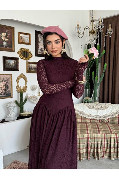 Moda Days فستان نسائي متوسط الطول من الدانتيل بلون البرقوق، ياقة عالية، أكمام...