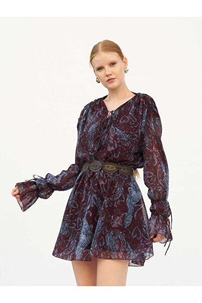Clothes Fast Women's Plum Shawl Patterned Belted V-Neck Balloon Sleeve Mini P...
