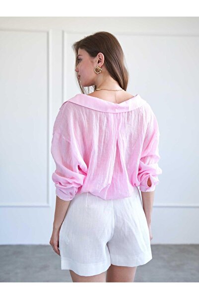 Moda Days Women's Pink Oversize Open Collar Long Sleeve Buttoned Cotton Shirt
