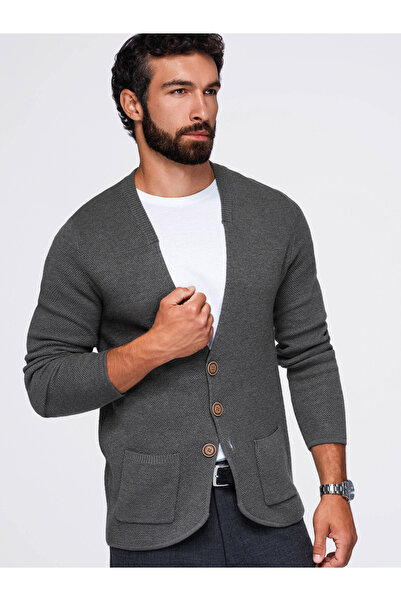 OMBRE Cardigan bărbătesc structurat cu buzunare, grafit melanj OM-SWCD-0109