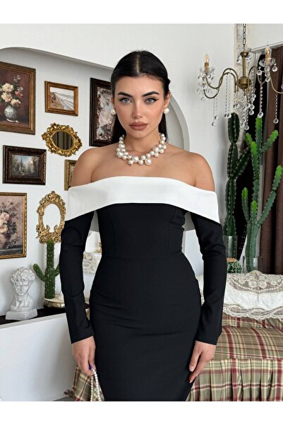Clothes Fast Women's Black Midi Dress Boat Neck Contrast Detailed Long Sleeve...